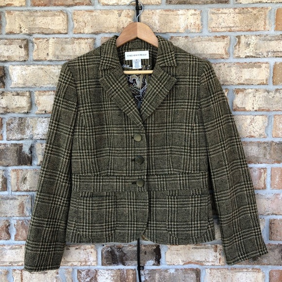Jones New York 2PC Tan Green Tweed Plaid 3 Buttons Jacket Pleated Detail Skirt 6 - Picture 3 of 16